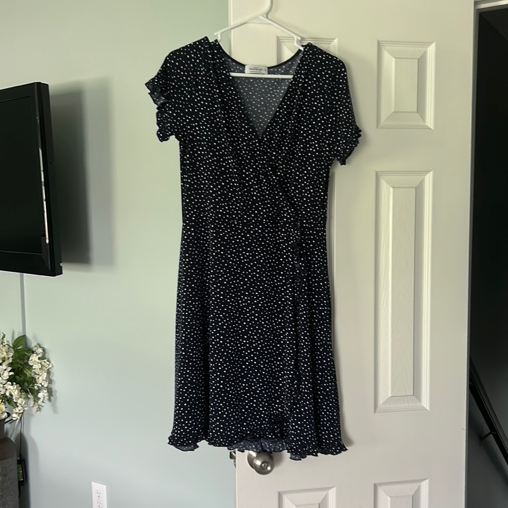 Navy blue with white polka dot short sleeve dress.